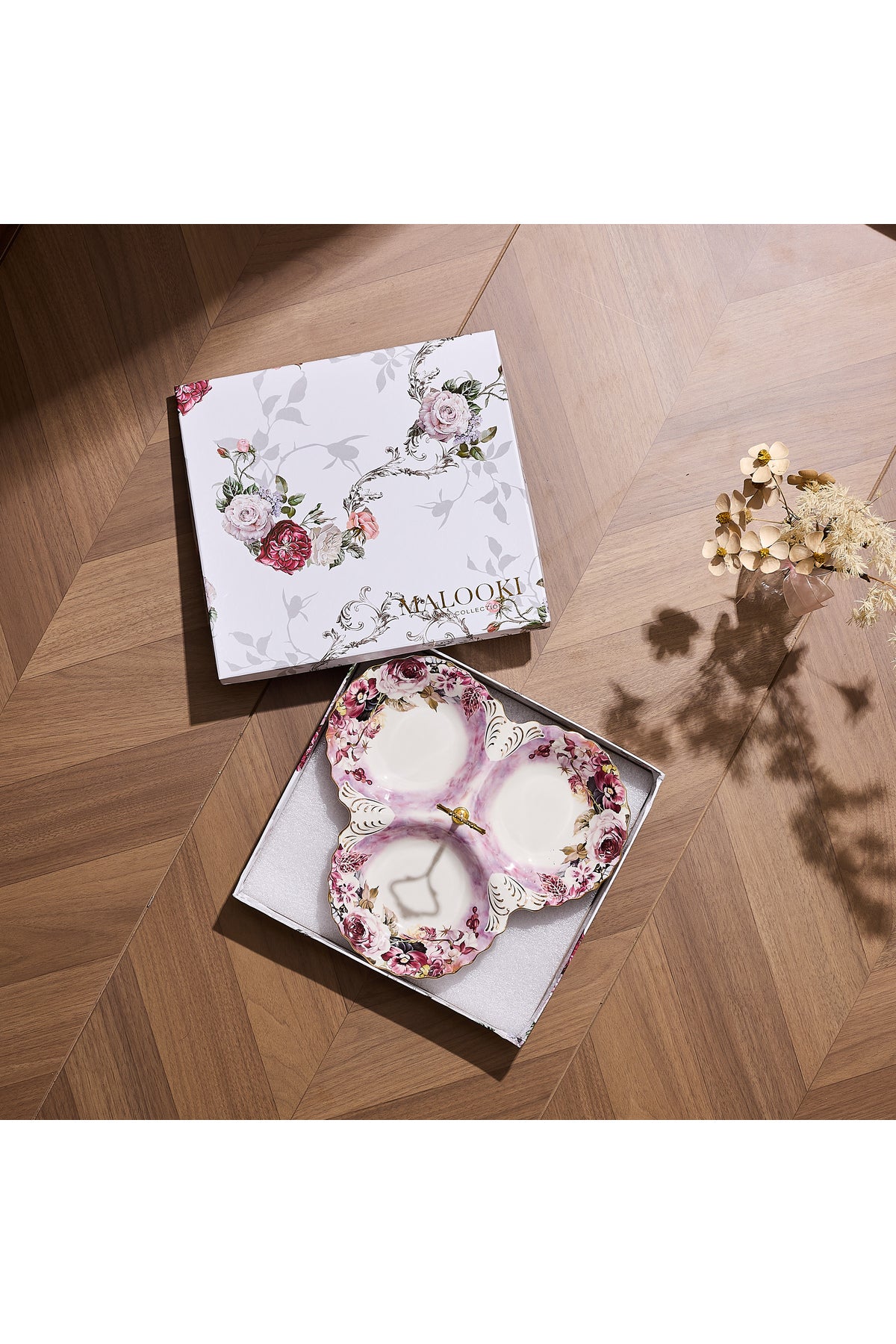 Platou compartimentat 3 secțiuni porțelan, model floral vintage, mâner auriu