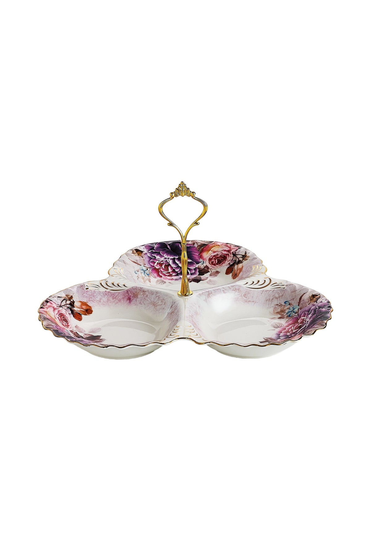 Platou compartimentat 3 secțiuni porțelan, model floral vintage, mâner auriu