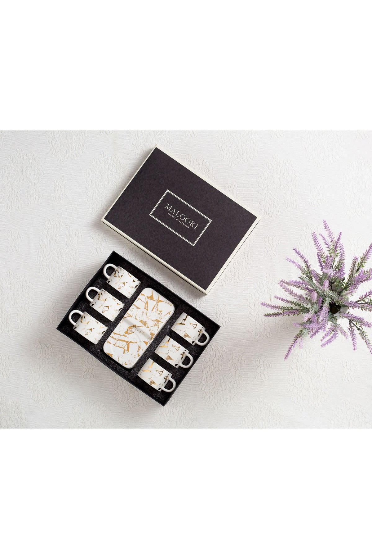 Set 6 căni de cafea, porțelan, 90 ml, cu farfurioare, Malooki, alb/auriu