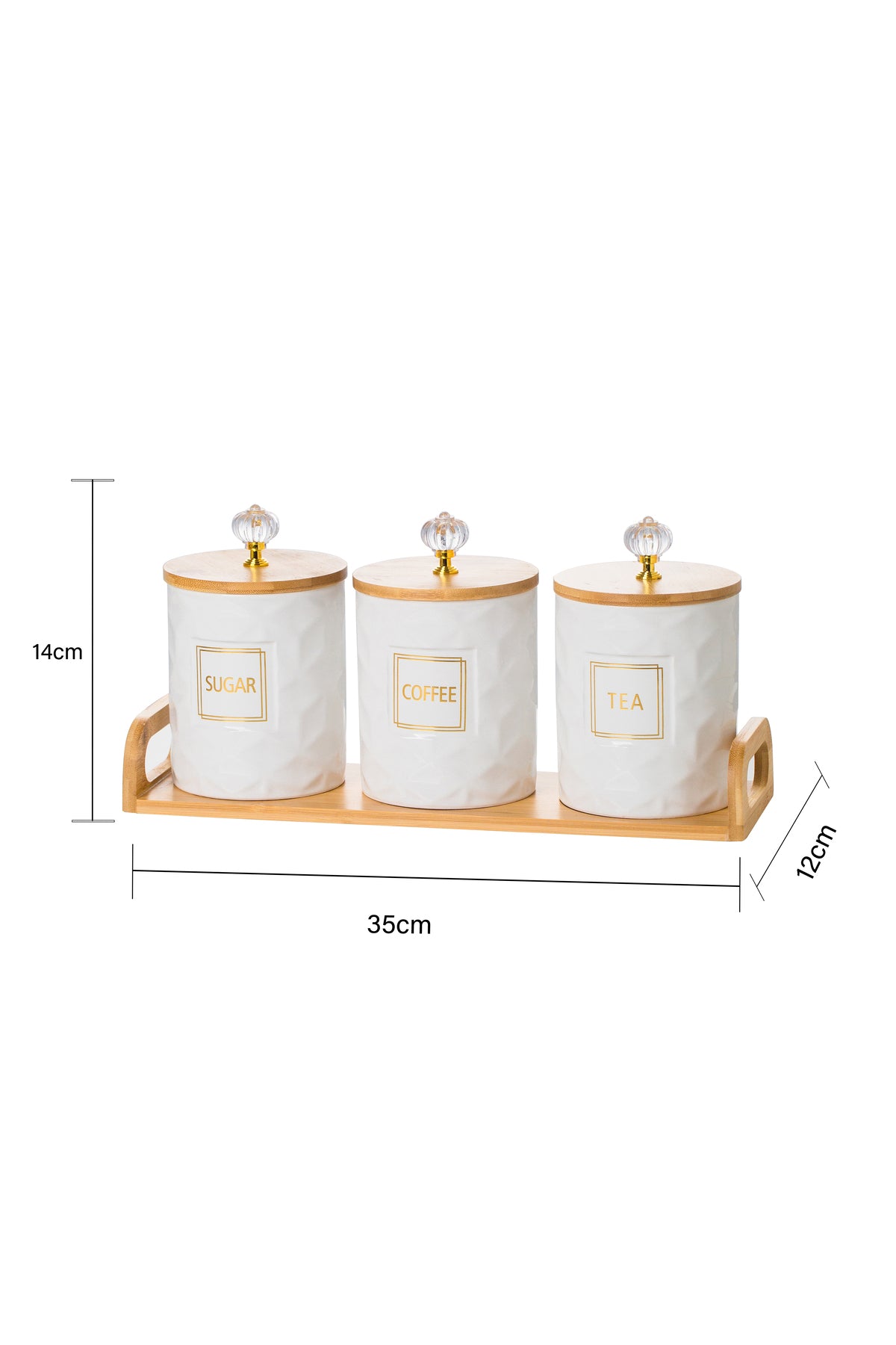Set 3 borcane bucătărie Crystal – porțelan alb cu capac bambus, Coffee Tea Sugar, tavă inclusă