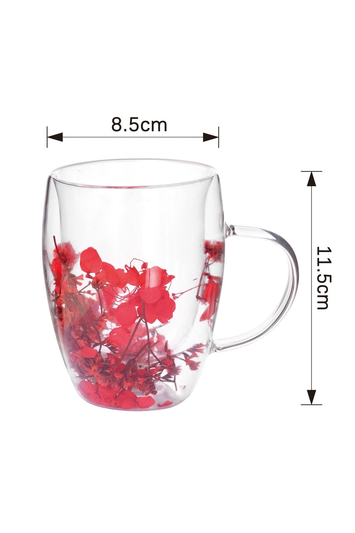 Cană din Sticlă cu Pereți Dubli "Red" cu Flori Uscate Roșii Naturale – 350 ml