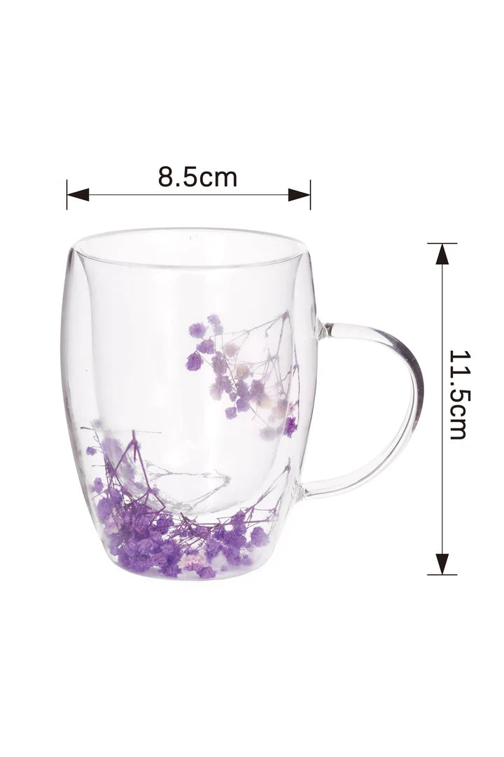 Set 2 Cani din Sticla cu Pereti Dubli, Zeina & Anna, Flori Uscate Naturale, 350 ml – Mov si Galben