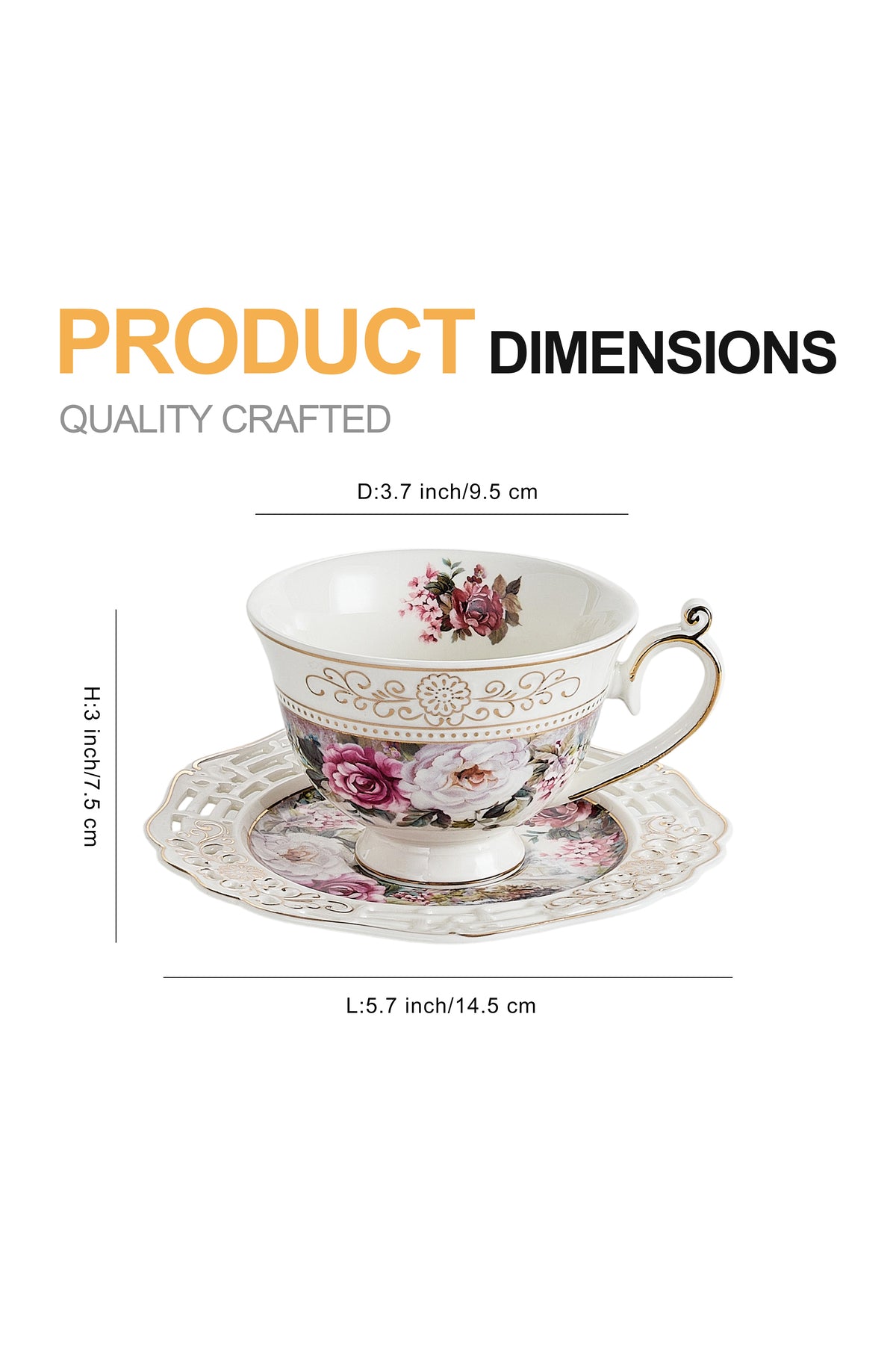 Set 2 cești cafea cu 2 farfurioare rotunde porțelan 200 ml – model floral elegant
