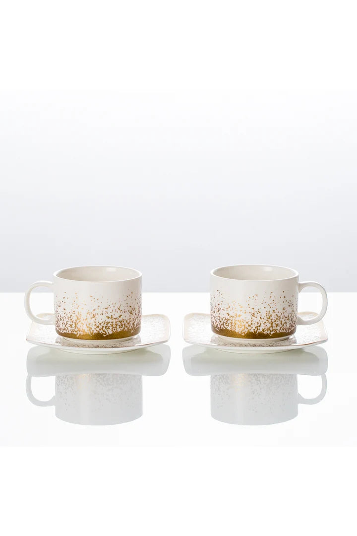 Set Cadou Snowing Collection – Tava de Servire din Portelan cu Manere Aurii, 35,5 cm + 2 Cesti cu Farfurioare, 180 ml