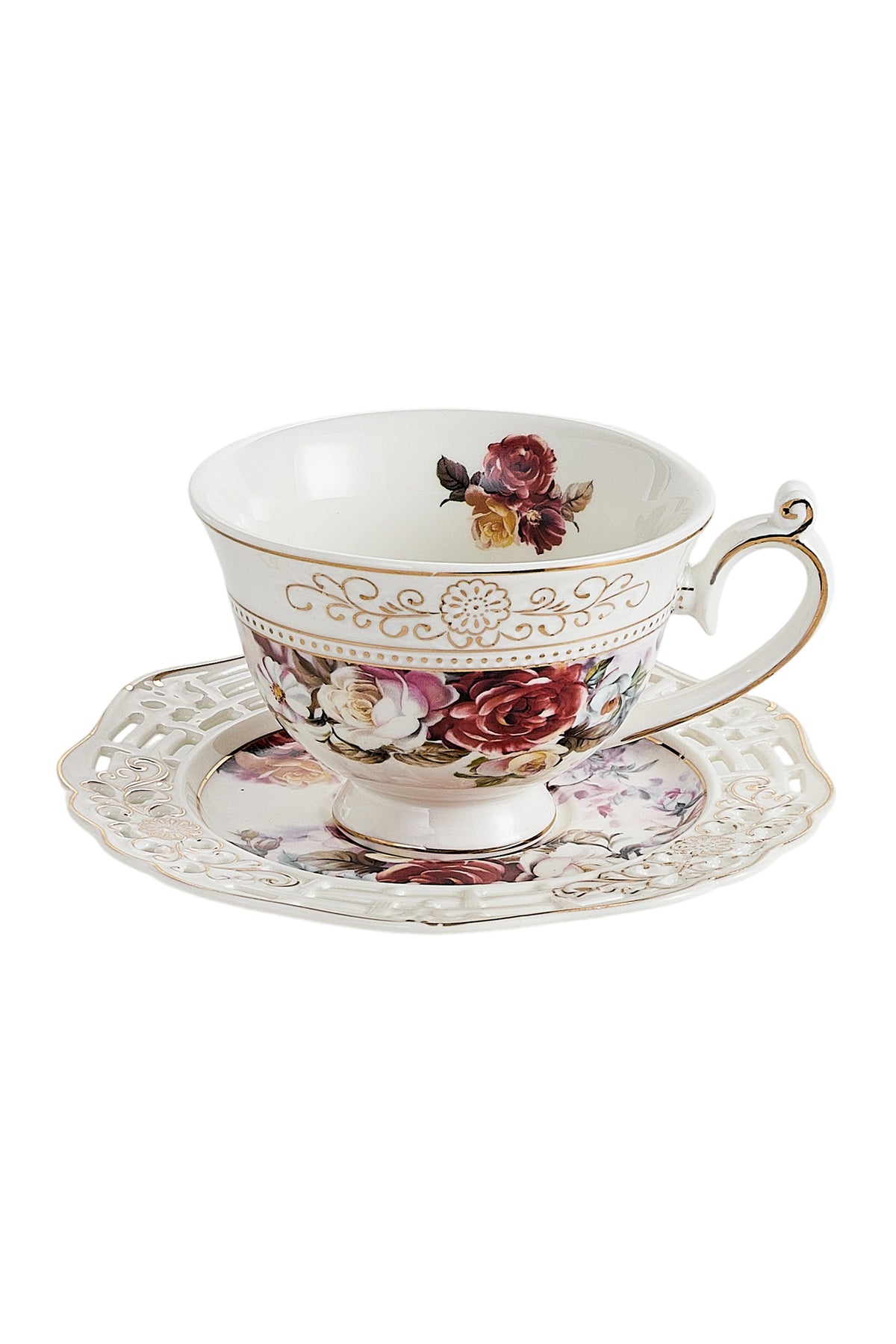 Set 2 cești cafea cu 2 farfurioare rotunde porțelan 200 ml – model floral elegant