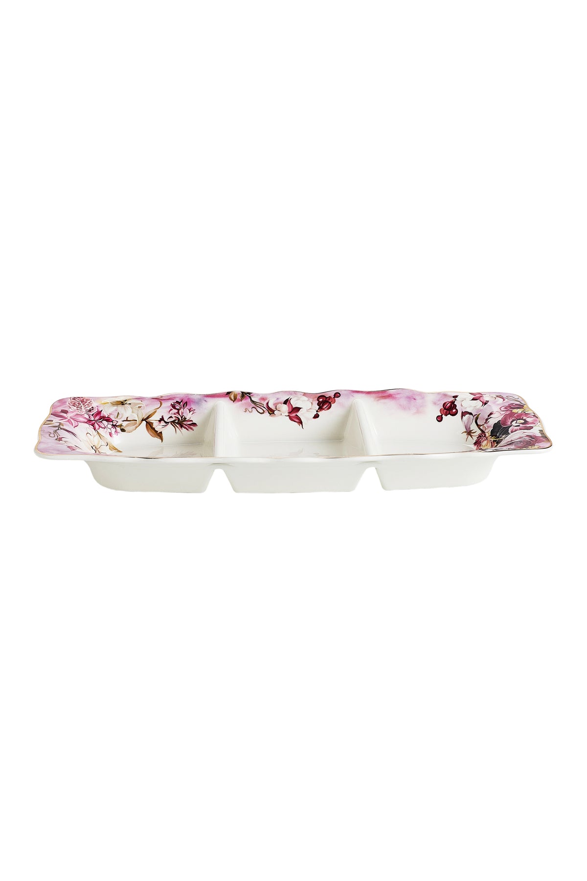Platou compartimentat 3 secțiuni porțelan model floral vintage, 27 x 14.5 cm