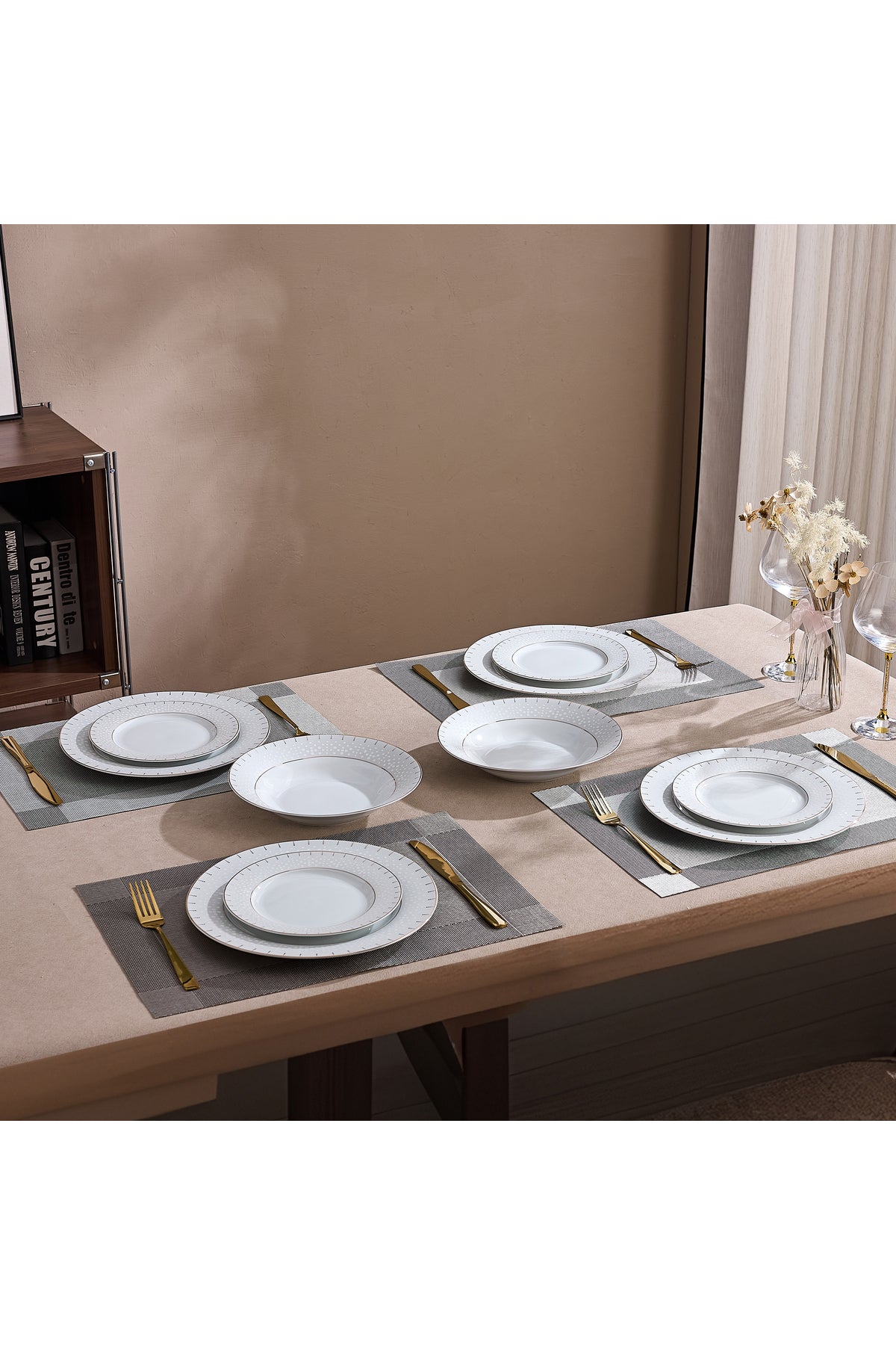 Serviciu de Masă 6 persoane Golden Aurora din Porțelan 18 Piese,Design Geometric și Bordură Aurie