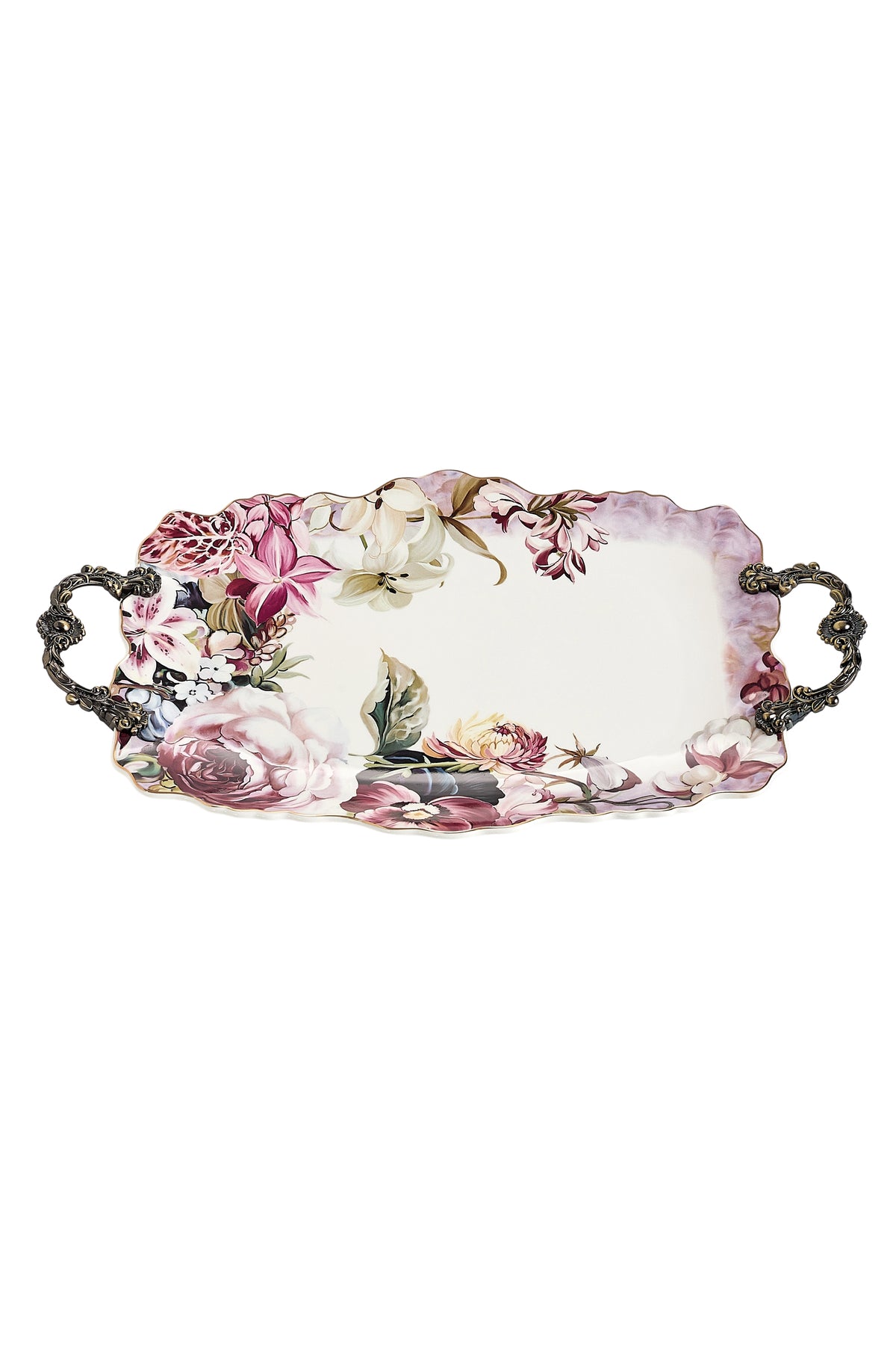 Tavă servire porțelan ovală model floral vintage, mânere metalice bronz, 44.5 cm