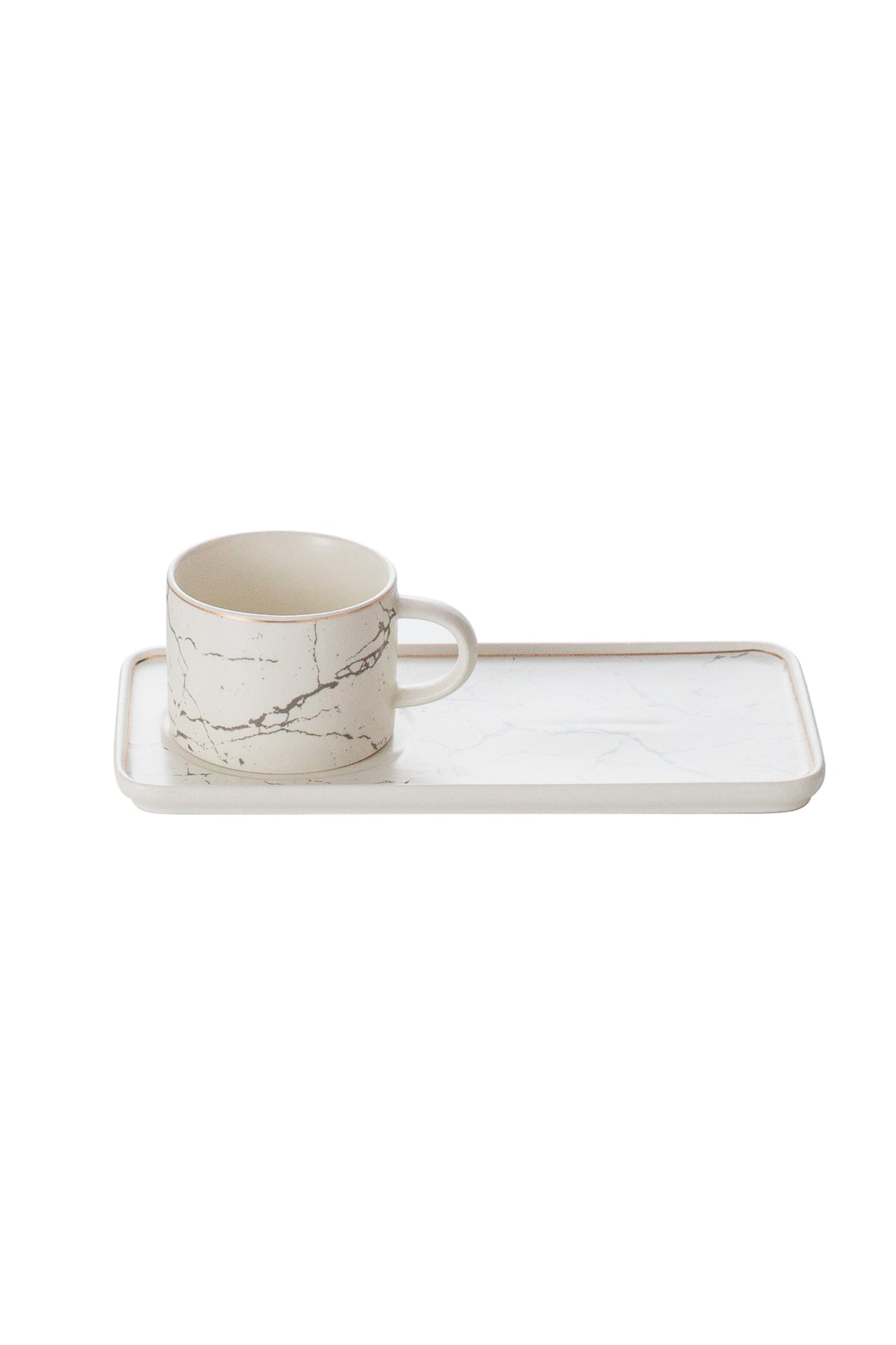 Set 2 Cești de cafea cu 2 farfurii lungi tip tavă, 200 ml, Porțelan – Alb marmorat