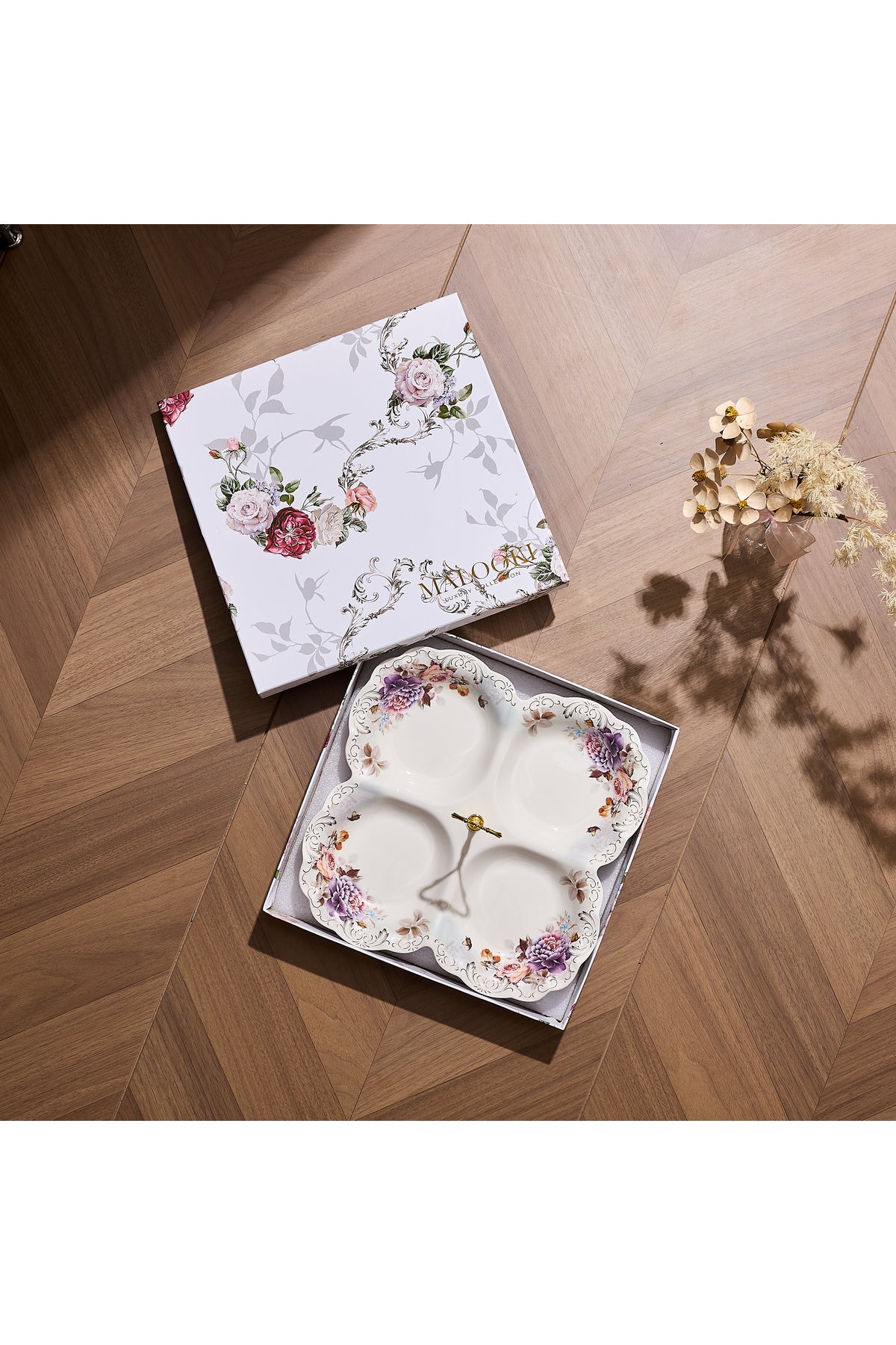 Platou compartimentat 4 secțiuni porțelan model floral vintage, mâner auriu
