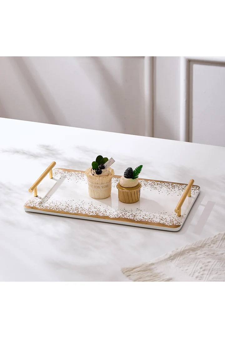 Set Cadou Snowing Collection – Tava de Servire din Portelan cu Manere Aurii, 35,5 cm + 2 Cesti cu Farfurioare, 180 ml