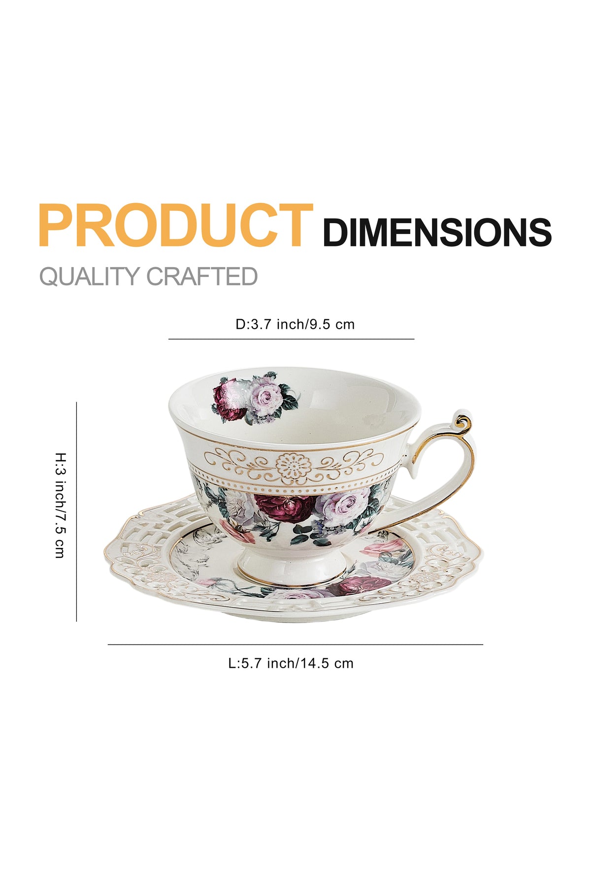 Set 2 cești cafea cu 2 farfurioare rotunde porțelan 200 ml – model floral elegant