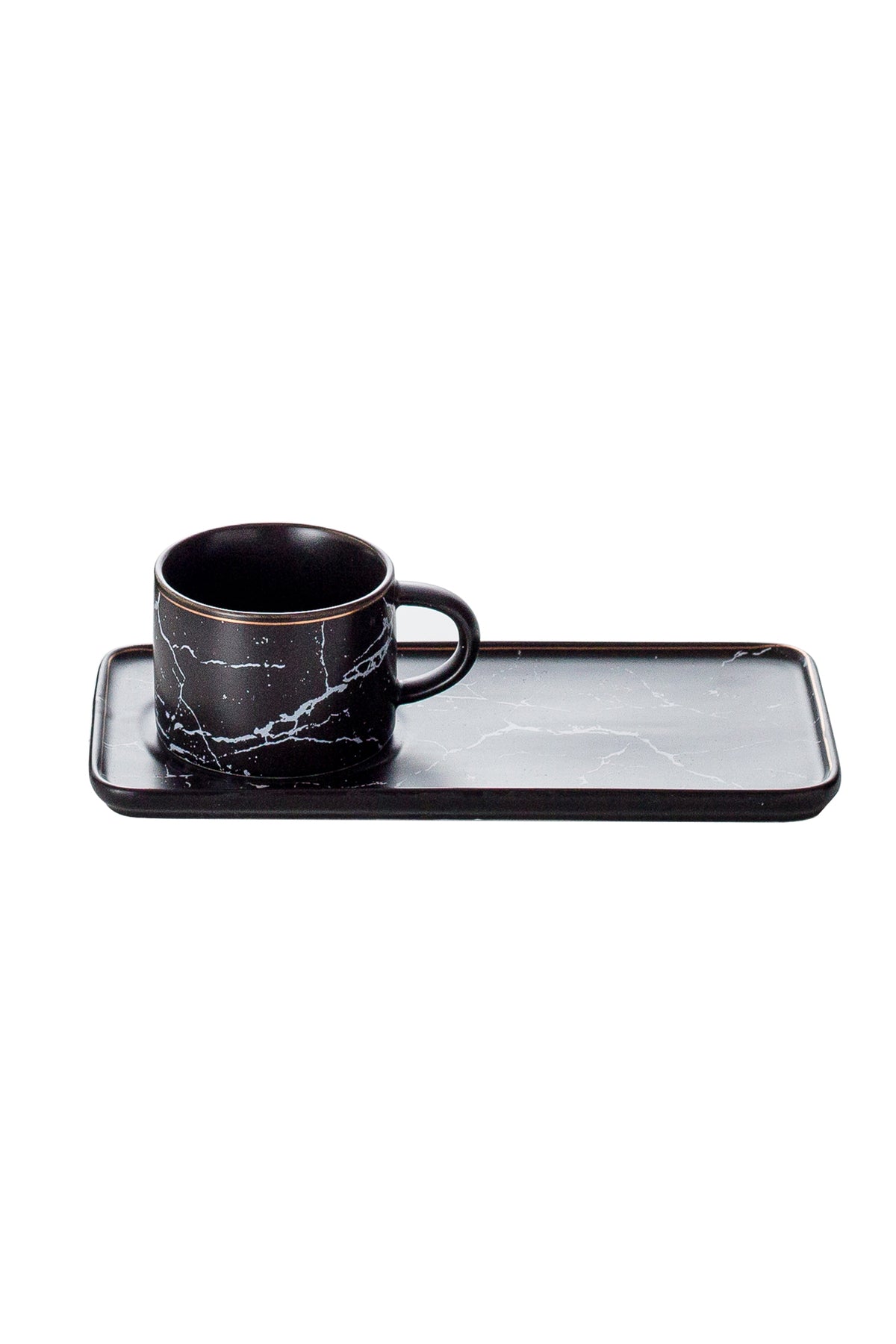 Set 2 Cești de cafea cu 2 farfurii lungi tip tavă, 200 ml, Porțelan – Negru marmorat