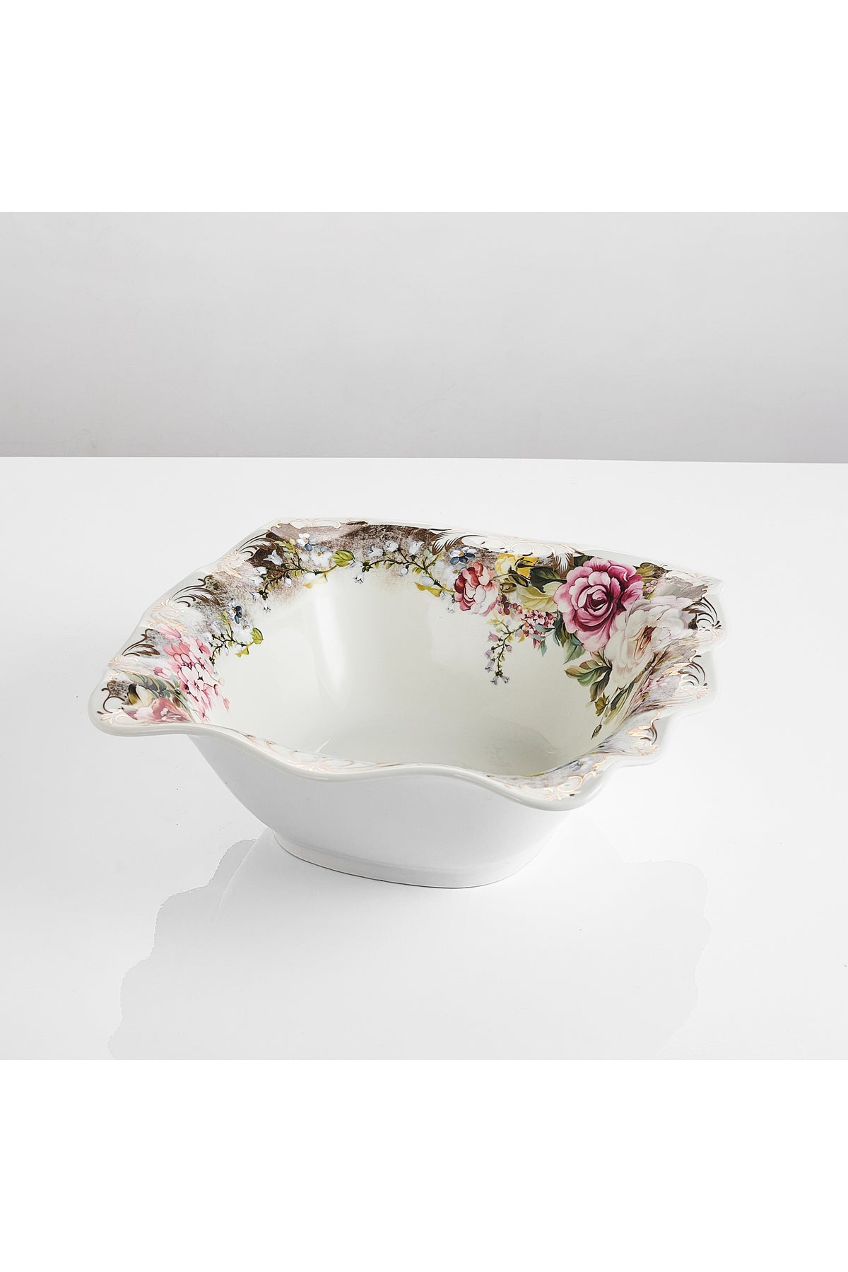 Bol porțelan model floral vintage, margini ondulate, 26.5 cm