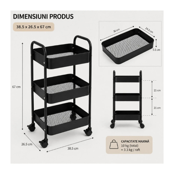 Raft mobil metalic 3 niveluri cu roti, organizator depozitare multifunctional, 38.5 x 26.5 x 67 - Negru