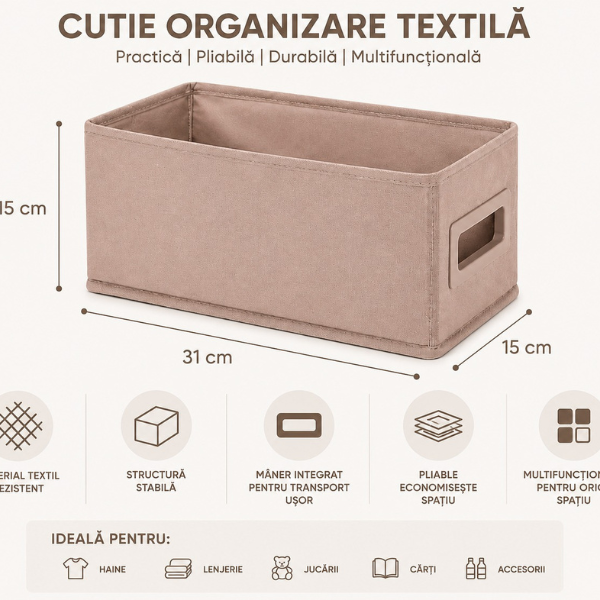 Cutie Organizare Pliabila Textila, cu maner Integrat, 15 x 31 x 15 cm - Premium