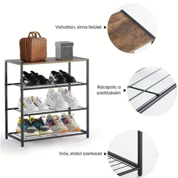 Raft pantofi metalic cu 4 polite si blat MDF, organizator incaltaminte, stil industrial, 63 x 30 x 63 cm - Negru Maro Rustic