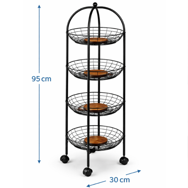 Raft depozitare pentru fructe si legume, 4 etaje, Metalic, cu accent din lemn, 95x30 - Negru