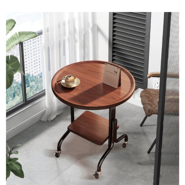 Masa laterala rotunda pentru living cu roti, finisaj Nuc, Noptiera multifunctionala 40x40x56 cm