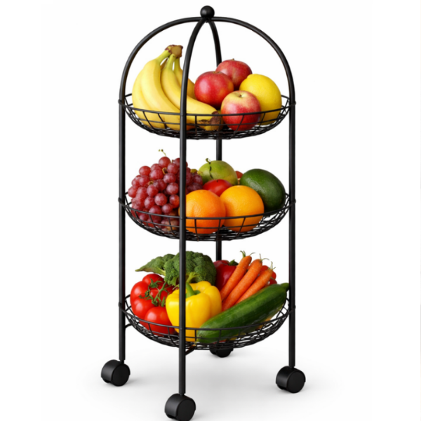 Raft depozitare pentru fructe si legume, 3 etaje, Metalic, cu accent din lemn, 77 x 30 - Negru