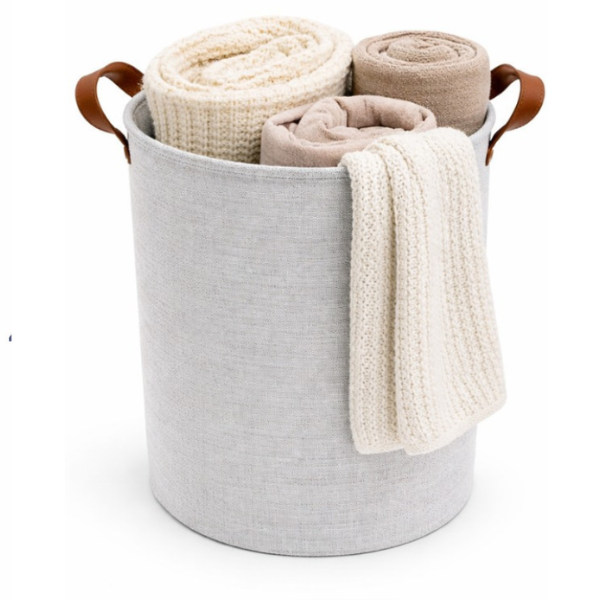 Cos de Rufe Textil cu maner maro, Pliabil, 35 x 40 cm - Premium - Crem