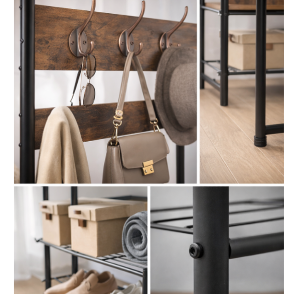 Suport pantofi cu banca, 2 rafturi + 2 umerase, lemn si metal – 65x32x180.5 cm