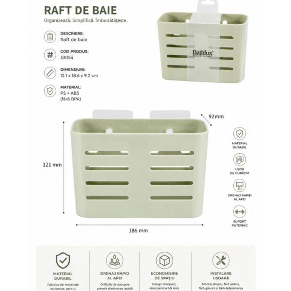 Suport organizator pentru baie Bathlux, autoadeziv, 12x18.5x9 cm