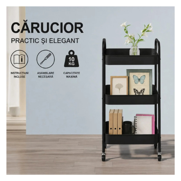Raft mobil metalic 3 niveluri cu roti, organizator depozitare multifunctional, 38.5 x 26.5 x 67 - Negru