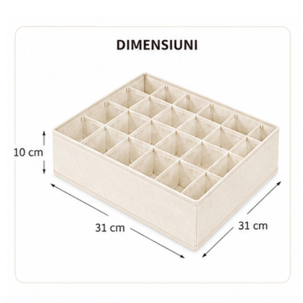 Set 3 Organizatoare sertar textil premium, cu 24 compartimente, 31 x 31 x 10 cm