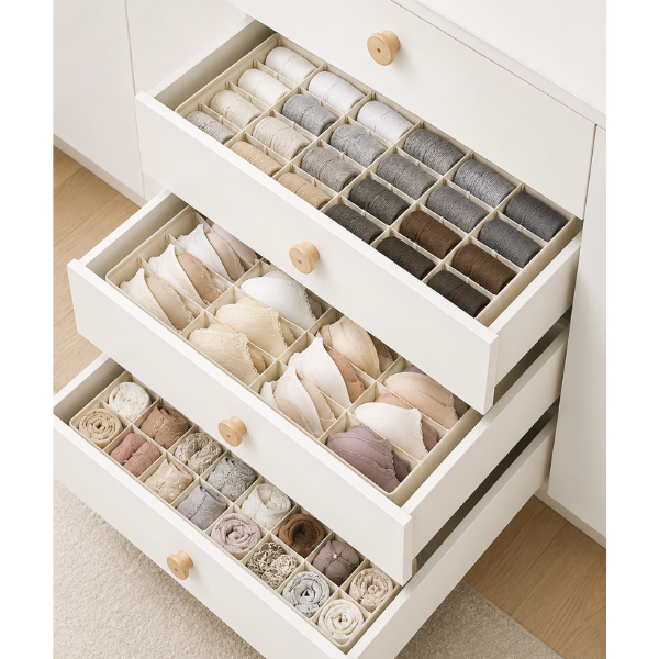 Set 3 Organizatoare sertar textil premium, cu 24 compartimente, 31 x 31 x 10 cm