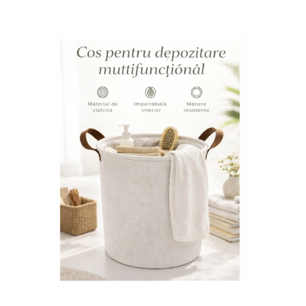 Cos de Rufe Textil cu maner maro, Pliabil, 35 x 40 cm - Premium - Crem