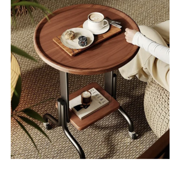 Masa laterala rotunda pentru living cu roti, finisaj Nuc, Noptiera multifunctionala 40x40x56 cm