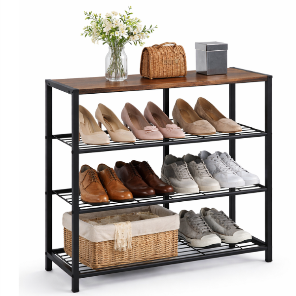 Raft pantofi metalic cu 4 polite si blat MDF, organizator incaltaminte, stil industrial, 63 x 30 x 63 cm - Negru Maro Rustic