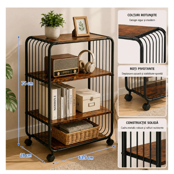 Raft mobil 3 niveluri cu roti 360°, Metal si lemn maro rustic, 43.5x28x74 cm, Negru/ Maro - Calitate Premium