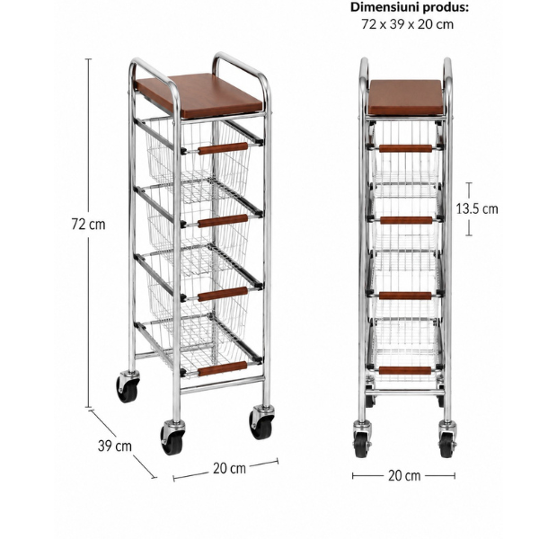 Raft pentru spatii mici cu 3 Etaje, Roti, Metal & Lemn – Organizator Smart, 20 x 39 x 72 cm - Premium