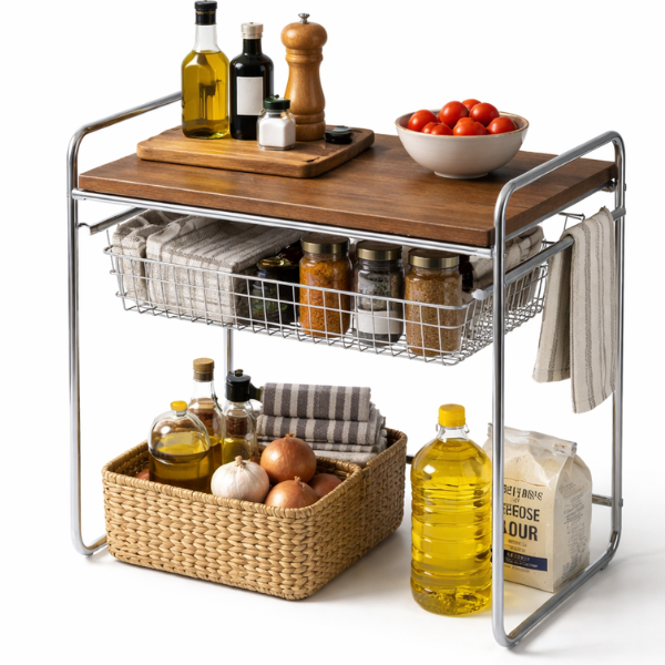 Raft de bucatarie multifunctional din metal si lemn, 48 x 45 x 35 cm - Maro