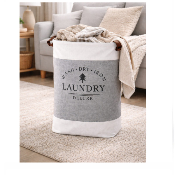 Laundry Deluxe textile foldable laundry basket, 35 x 55 cm, leather handles-gri
