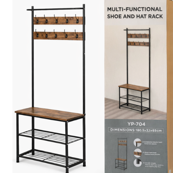 Suport pantofi cu banca, 2 rafturi + 2 umerase, lemn si metal – 65x32x180.5 cm