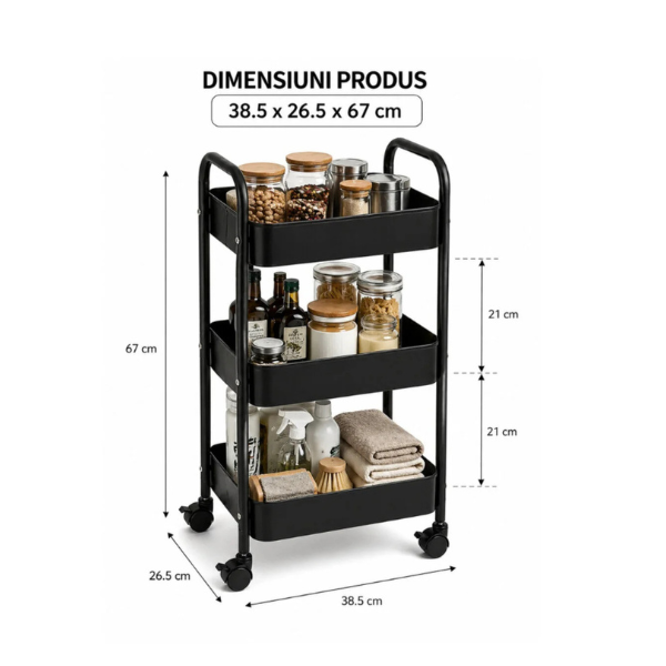 Raft mobil metalic 3 niveluri cu roti, organizator depozitare multifunctional, 38.5 x 26.5 x 67 - Negru