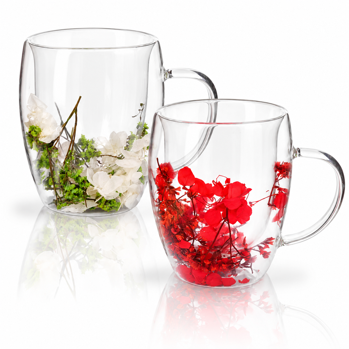 Set 2 Cani din Sticla cu Pereti Dubli, Mariah & Red, Flori Uscate Naturale, 350 ml – Alb-Verde si Rosu