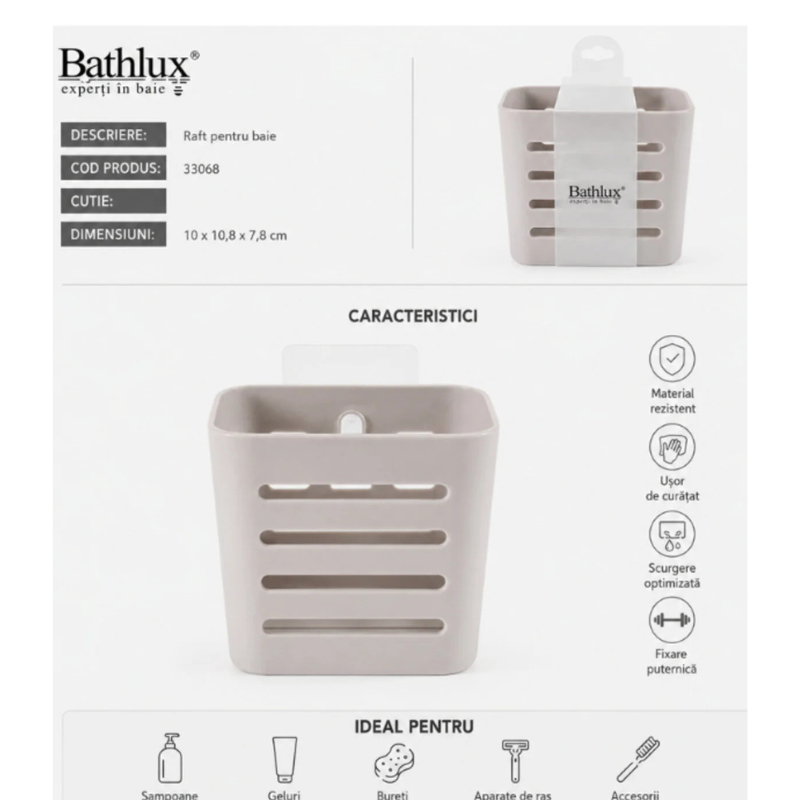 Suport organizator baie Bathlux, Autoadeziv, 10x10,8x7,8 cm