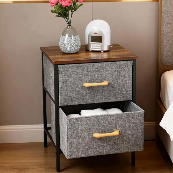 Noptiera 2 Etajere cu Sertare Textil, Lemn & Metal – 40x30x53.5 cm