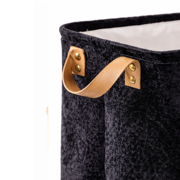 Cos de rufe rigid, catifelat, pliabil, cu manere din piele – 35x25x40 cm - Premium