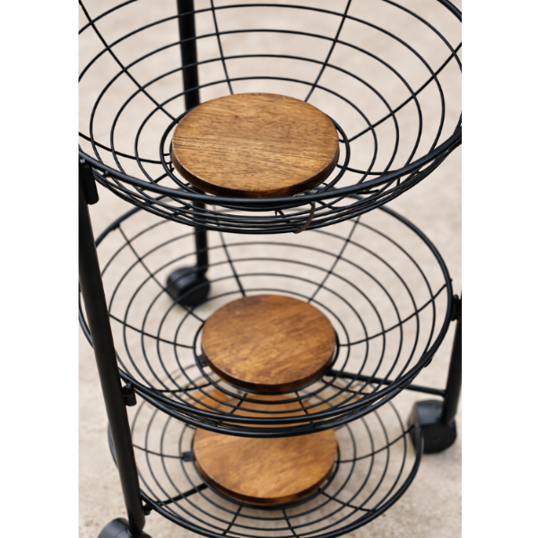 Raft depozitare pentru fructe si legume, 4 etaje, Metalic, cu accent din lemn, 95x30 - Negru