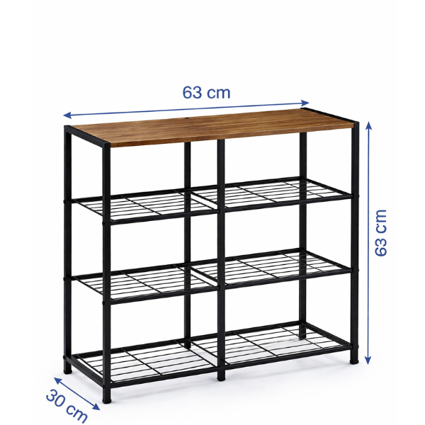 Raft pantofi metalic cu 4 polite si blat MDF, organizator incaltaminte, stil industrial, 63 x 30 x 63 cm - Negru Maro Rustic