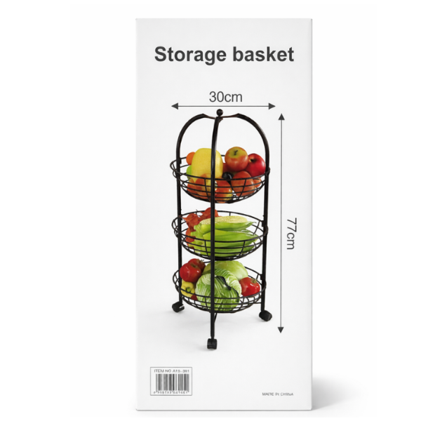 Raft depozitare pentru fructe si legume, 3 etaje, Metalic, cu accent din lemn, 77 x 30 - Negru
