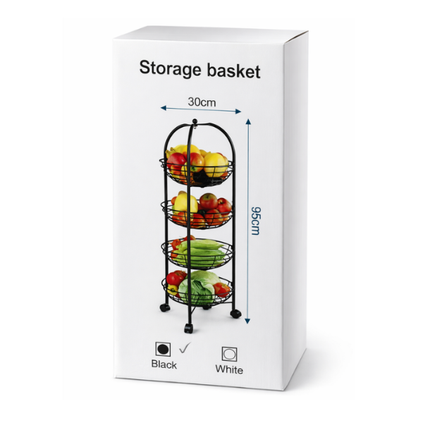 Raft depozitare pentru fructe si legume, 4 etaje, Metalic, cu accent din lemn, 95x30 - Negru