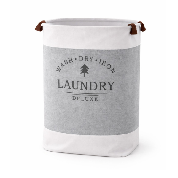 Laundry Deluxe textile foldable laundry basket, 35 x 55 cm, leather handles-gri