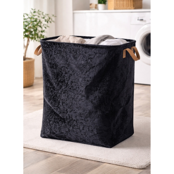 Cos de rufe rigid, catifelat, pliabil, cu manere din piele – 35x25x40 cm - Premium
