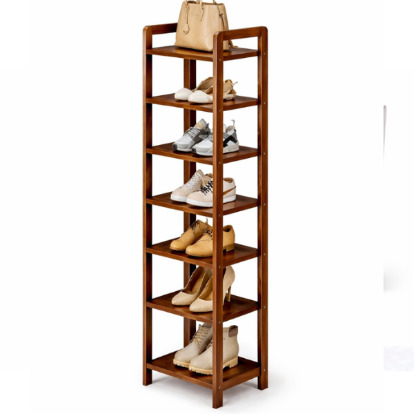 Organizator pantofi ingust din lemn Sheesham, 7 niveluri, suport pantofi vertical, dulap pantofi compact pentru hol, maro, economisire spati